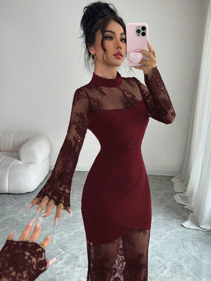 Elenzga New Lace Hollow Out Long Sleeve Dress,Burgundy,Autumn,Elegant,Evening Waist Cinched High-End Stretchy Mermaid Formal Gown Bodycon Maxi Dress Dining