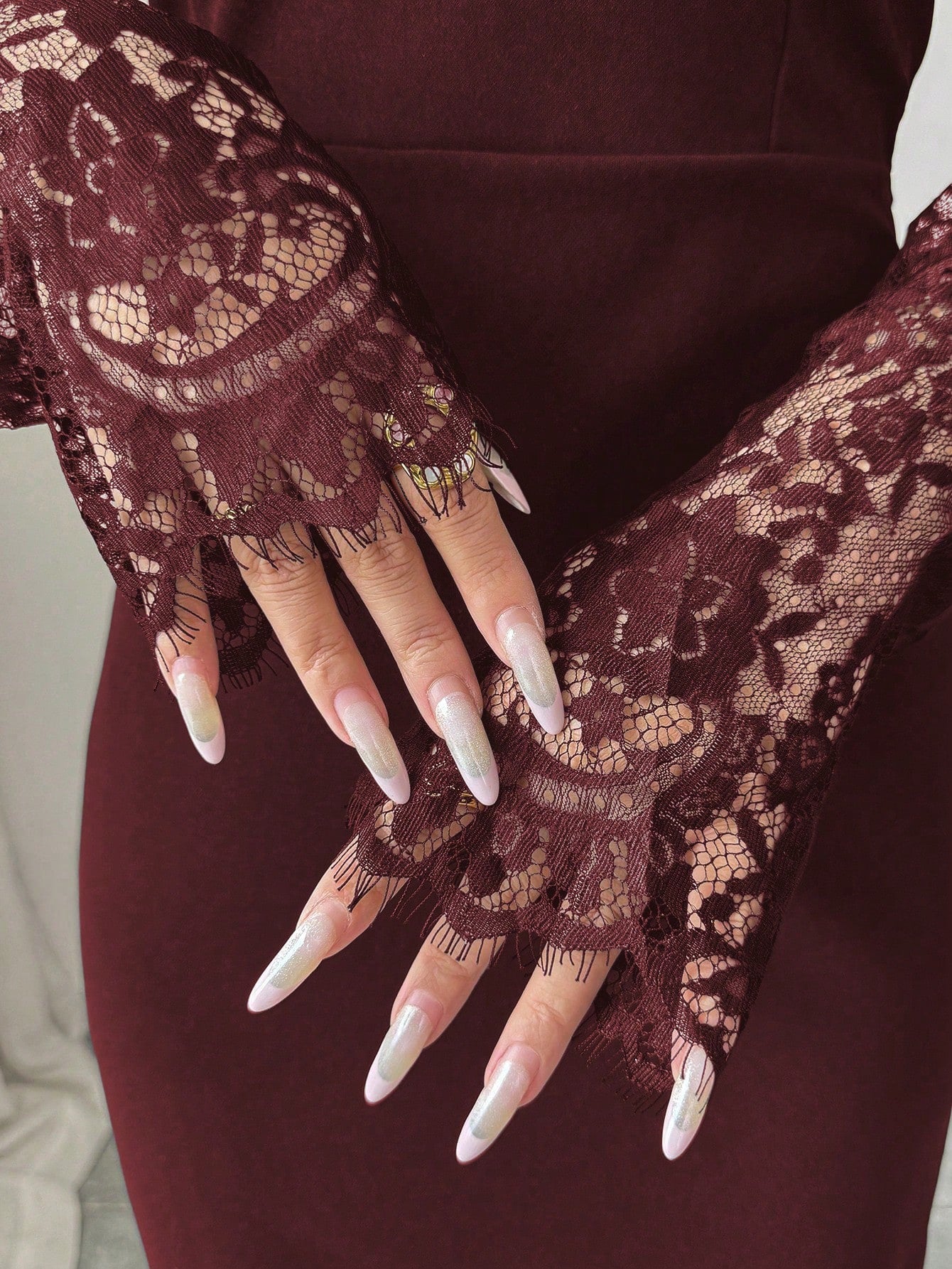 Elenzga New Lace Hollow Out Long Sleeve Dress,Burgundy,Autumn,Elegant,Evening Waist Cinched High-End Stretchy Mermaid Formal Gown Bodycon Maxi Dress Dining