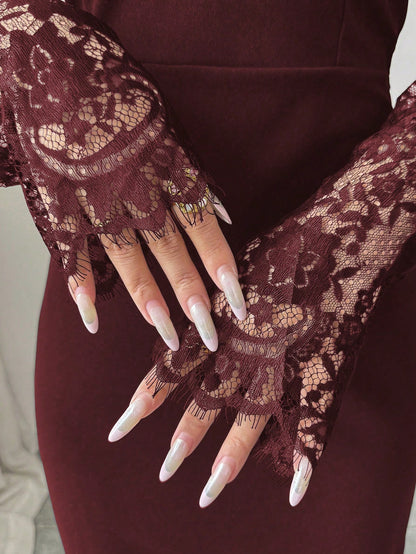Elenzga New Lace Hollow Out Long Sleeve Dress,Burgundy,Autumn,Elegant,Evening Waist Cinched High-End Stretchy Mermaid Formal Gown Bodycon Maxi Dress Dining