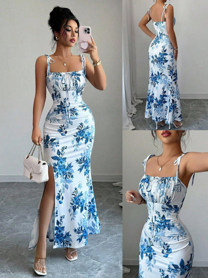 Elenzga New Women's Adjustable Spaghetti Strap Tie Waist Bow Pleated Hemline Split Midi Dress, Versatile For Date, Party And Daily Wear, Elegant And Slimming