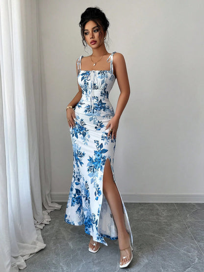 Elenzga New Women's Adjustable Spaghetti Strap Tie Waist Bow Pleated Hemline Split Midi Dress, Versatile For Date, Party And Daily Wear, Elegant And Slimming