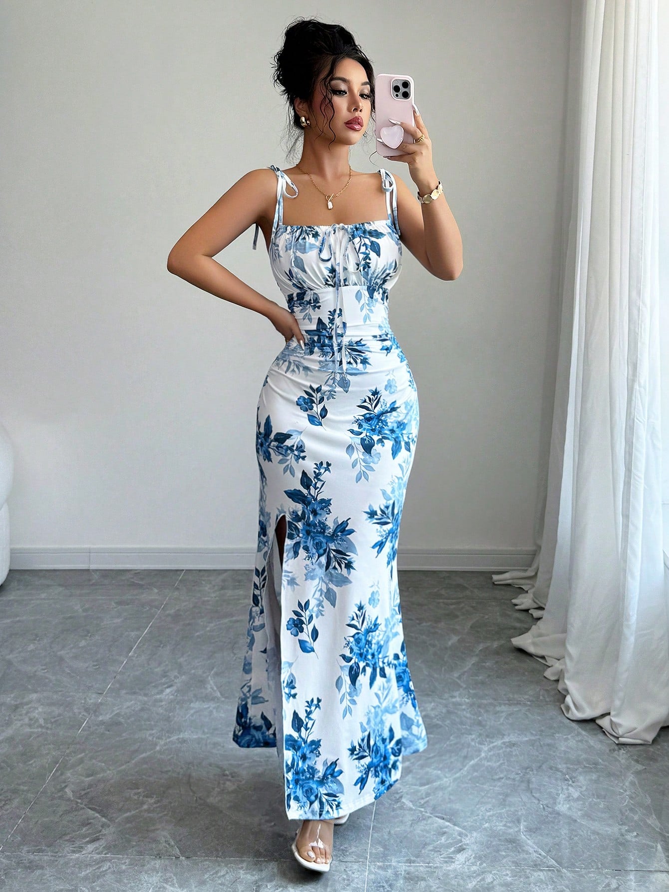 Elenzga New Women's Adjustable Spaghetti Strap Tie Waist Bow Pleated Hemline Split Midi Dress, Versatile For Date, Party And Daily Wear, Elegant And Slimming