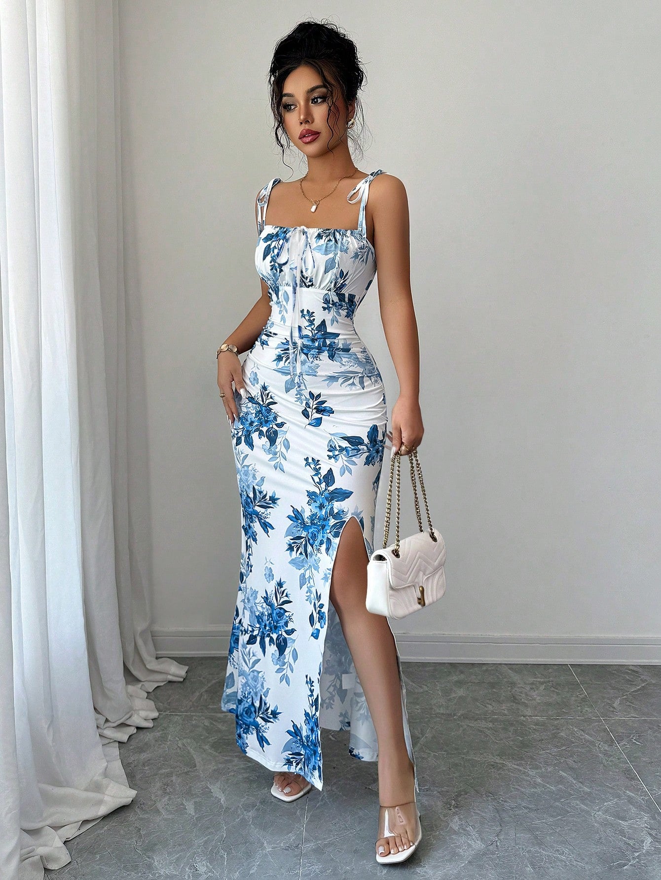 Elenzga New Women's Adjustable Spaghetti Strap Tie Waist Bow Pleated Hemline Split Midi Dress, Versatile For Date, Party And Daily Wear, Elegant And Slimming