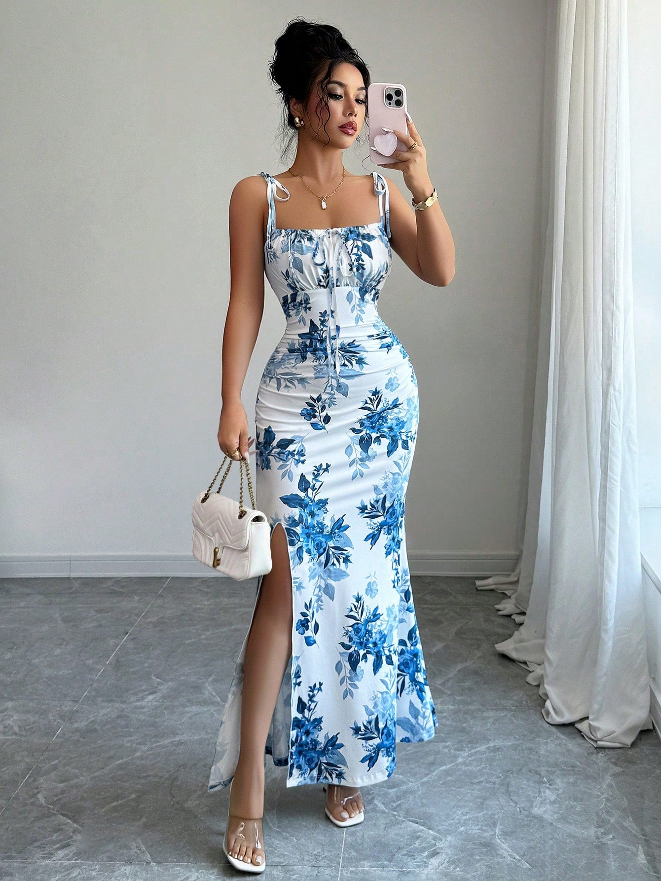 Elenzga New Women's Adjustable Spaghetti Strap Tie Waist Bow Pleated Hemline Split Midi Dress, Versatile For Date, Party And Daily Wear, Elegant And Slimming