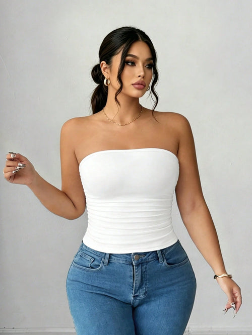 Elenzga Plus Size Women Casual Solid Color Fitted Tube Top, Summer