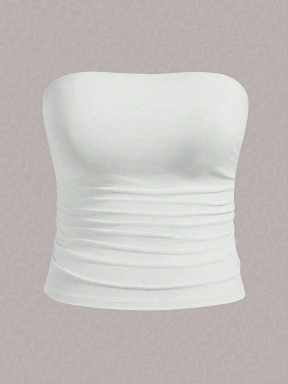 Elenzga Plus Size Women Casual Solid Color Fitted Tube Top, Summer