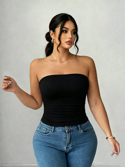 Elenzga Plus Size Women Casual Solid Color Fitted Tube Top, Summer