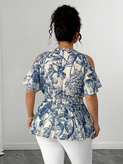 Elenzga Plus Size Women's Elegant Blue & White Printed Semi-Sheer Chiffon Open Shoulder Ruffle Hem Ruched Waist Short Sleeve Shirred Blouse For Daily Wear And Dating
