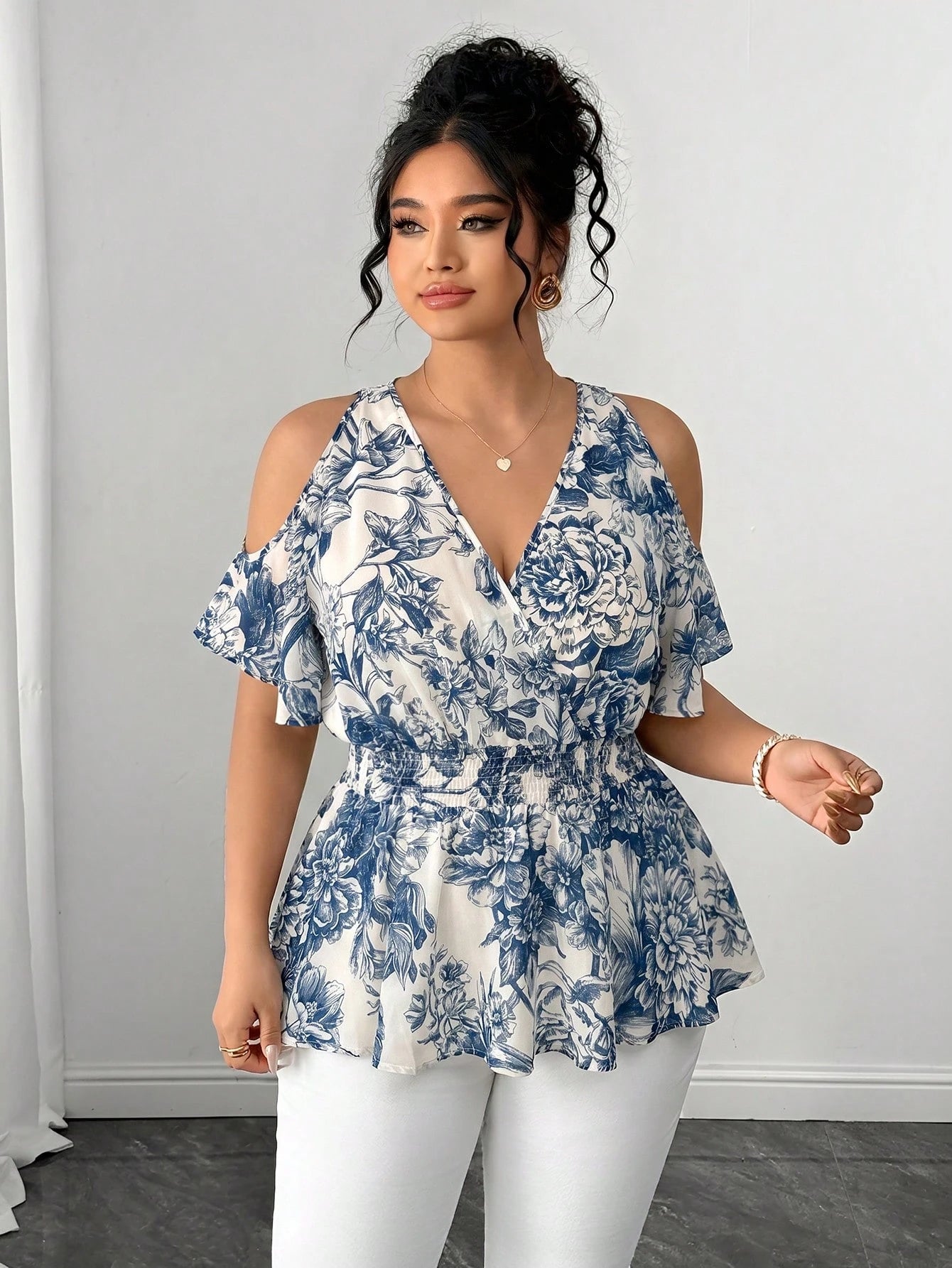Elenzga Plus Size Women's Elegant Blue & White Printed Semi-Sheer Chiffon Open Shoulder Ruffle Hem Ruched Waist Short Sleeve Shirred Blouse For Daily Wear And Dating