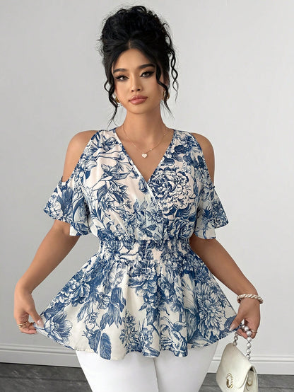 Elenzga Plus Size Women's Elegant Blue & White Printed Semi-Sheer Chiffon Open Shoulder Ruffle Hem Ruched Waist Short Sleeve Shirred Blouse For Daily Wear And Dating