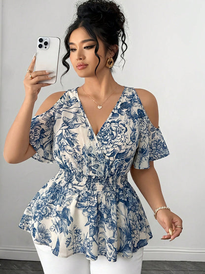 Elenzga Plus Size Women's Elegant Blue & White Printed Semi-Sheer Chiffon Open Shoulder Ruffle Hem Ruched Waist Short Sleeve Shirred Blouse For Daily Wear And Dating