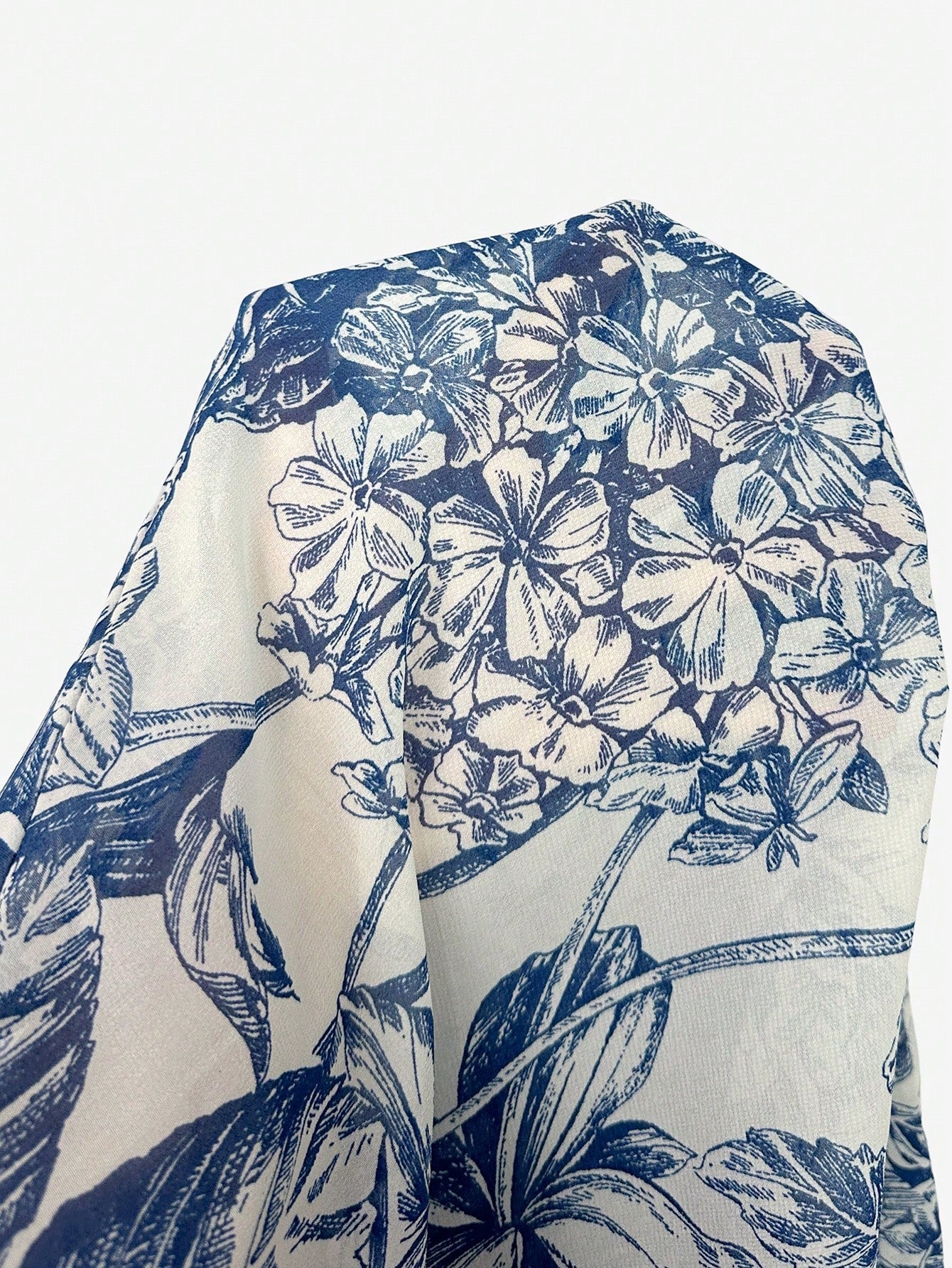 Elenzga Plus Size Women's Elegant Blue & White Printed Semi-Sheer Chiffon Open Shoulder Ruffle Hem Ruched Waist Short Sleeve Shirred Blouse For Daily Wear And Dating