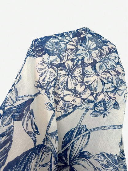 Elenzga Plus Size Women's Elegant Blue & White Printed Semi-Sheer Chiffon Open Shoulder Ruffle Hem Ruched Waist Short Sleeve Shirred Blouse For Daily Wear And Dating