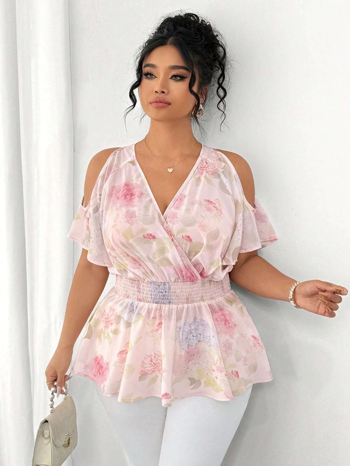 Elenzga Plus Size Women's Elegant Blue & White Printed Semi-Sheer Chiffon Open Shoulder Ruffle Hem Ruched Waist Short Sleeve Shirred Blouse For Daily Wear And Dating