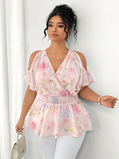 Elenzga Plus Size Women's Elegant Blue & White Printed Semi-Sheer Chiffon Open Shoulder Ruffle Hem Ruched Waist Short Sleeve Shirred Blouse For Daily Wear And Dating