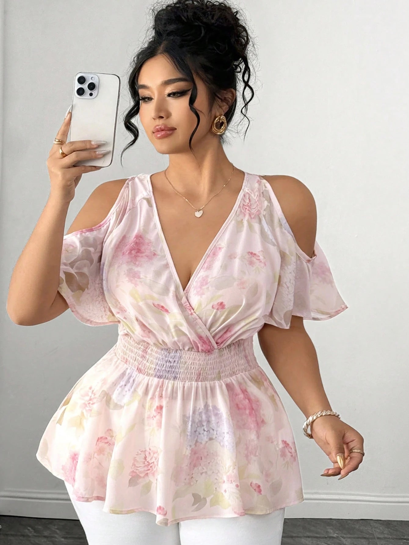 Elenzga Plus Size Women's Elegant Blue & White Printed Semi-Sheer Chiffon Open Shoulder Ruffle Hem Ruched Waist Short Sleeve Shirred Blouse For Daily Wear And Dating