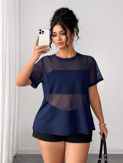 Elenzga Plus Size Women's Mesh Patchwork Casual Versatile Daily Short Sleeve T-Shirt
