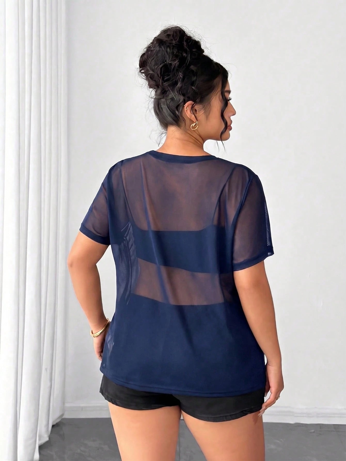 Elenzga Plus Size Women's Mesh Patchwork Casual Versatile Daily Short Sleeve T-Shirt
