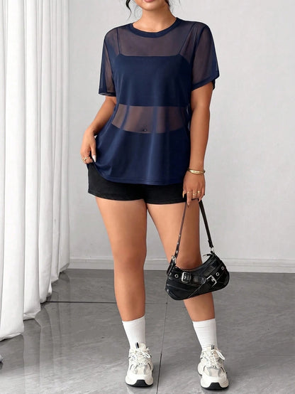 Elenzga Plus Size Women's Mesh Patchwork Casual Versatile Daily Short Sleeve T-Shirt