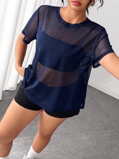 Elenzga Plus Size Women's Mesh Patchwork Casual Versatile Daily Short Sleeve T-Shirt
