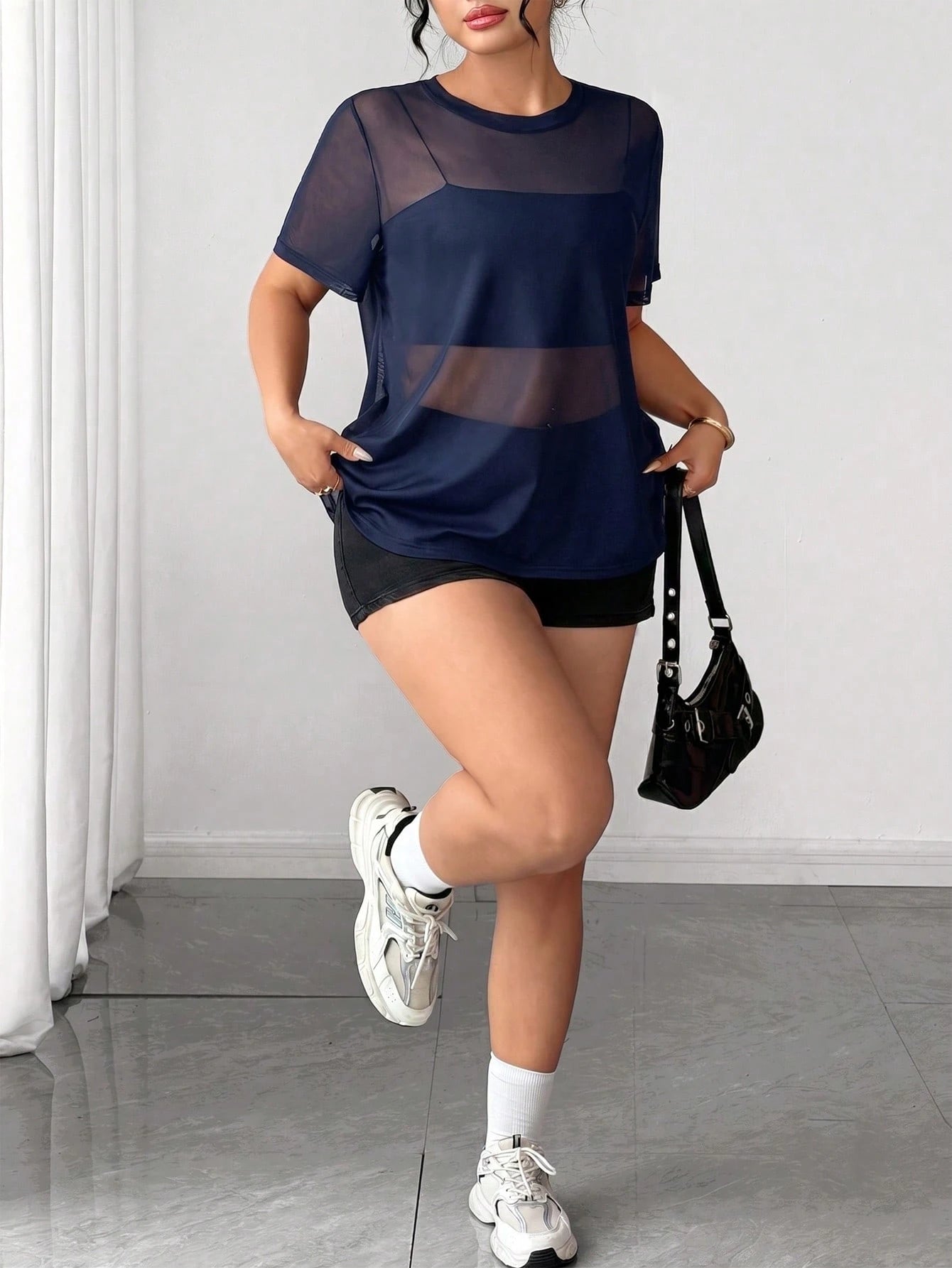 Elenzga Plus Size Women's Mesh Patchwork Casual Versatile Daily Short Sleeve T-Shirt