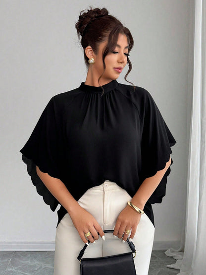 Elenzga Plus Size Women's Round Neck Ruched Sleeve Wavy Hem Loose Blouse, Spring/Summer Chic