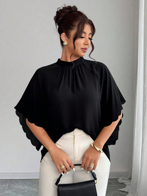 Elenzga Plus Size Women's Round Neck Ruched Sleeve Wavy Hem Loose Blouse, Spring/Summer Chic