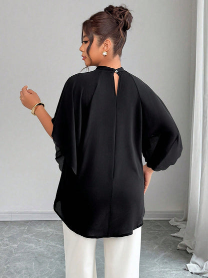 Elenzga Plus Size Women's Round Neck Ruched Sleeve Wavy Hem Loose Blouse, Spring/Summer Chic