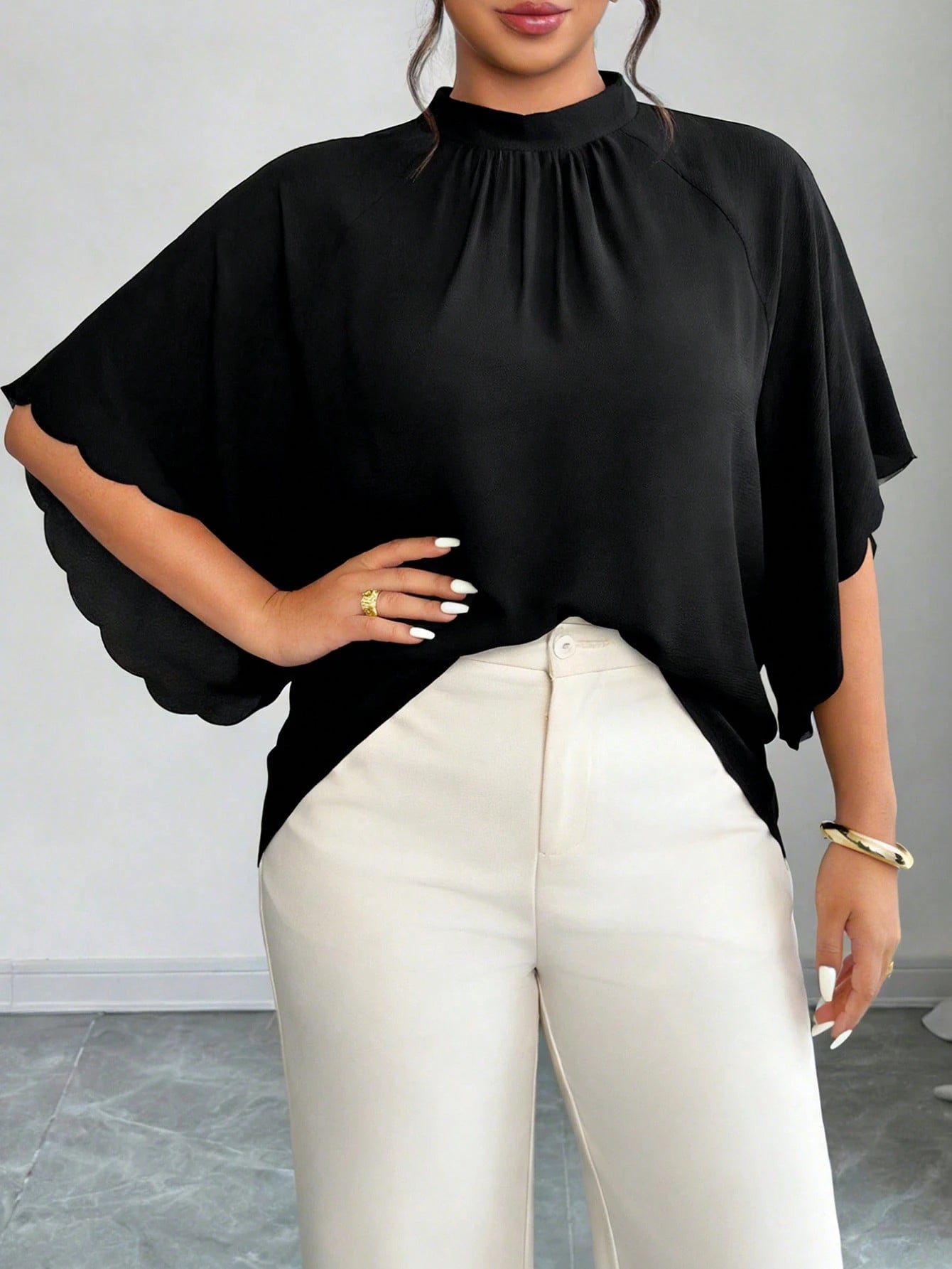 Elenzga Plus Size Women's Round Neck Ruched Sleeve Wavy Hem Loose Blouse, Spring/Summer Chic