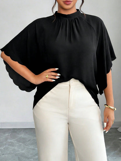 Elenzga Plus Size Women's Round Neck Ruched Sleeve Wavy Hem Loose Blouse, Spring/Summer Chic