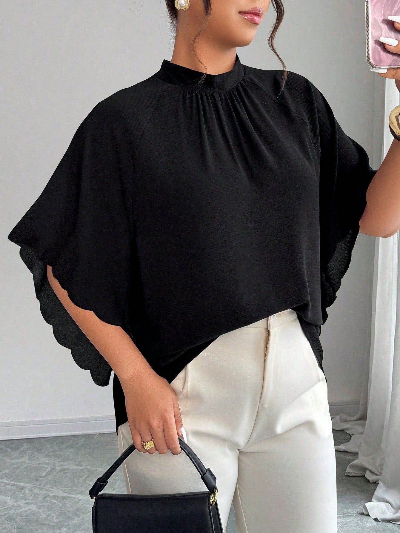 Elenzga Plus Size Women's Round Neck Ruched Sleeve Wavy Hem Loose Blouse, Spring/Summer Chic