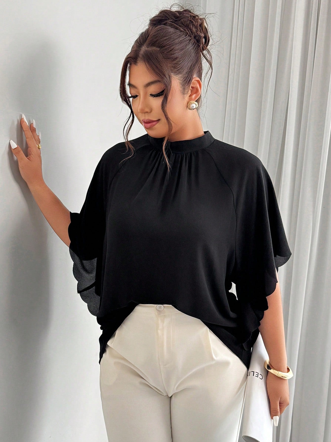 Elenzga Plus Size Women's Round Neck Ruched Sleeve Wavy Hem Loose Blouse, Spring/Summer Chic