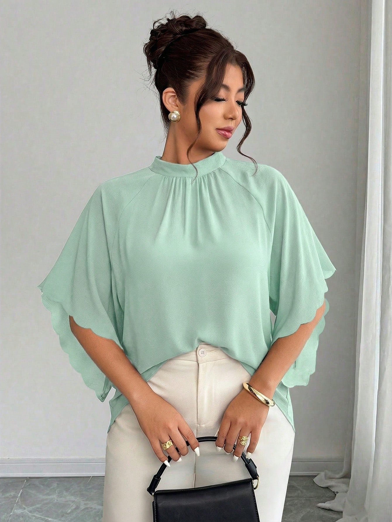 Elenzga Plus Size Women's Round Neck Ruched Sleeve Wavy Hem Loose Blouse, Spring/Summer Chic