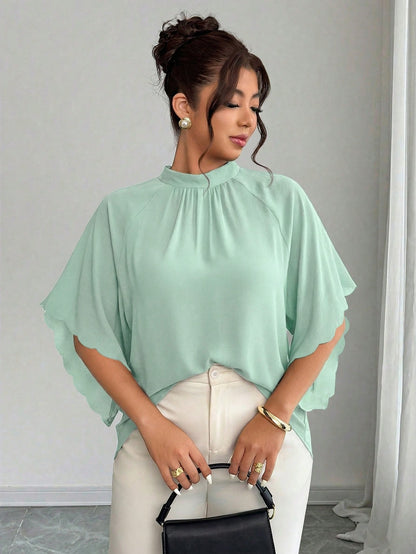 Elenzga Plus Size Women's Round Neck Ruched Sleeve Wavy Hem Loose Blouse, Spring/Summer Chic