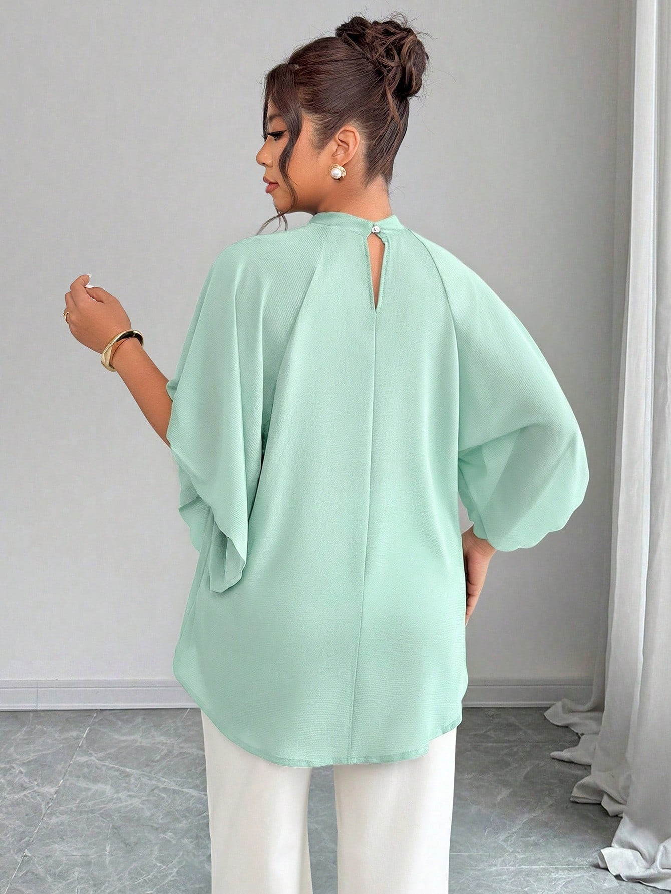 Elenzga Plus Size Women's Round Neck Ruched Sleeve Wavy Hem Loose Blouse, Spring/Summer Chic