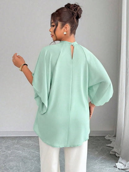 Elenzga Plus Size Women's Round Neck Ruched Sleeve Wavy Hem Loose Blouse, Spring/Summer Chic
