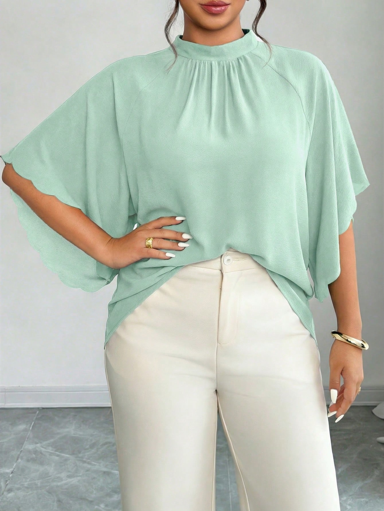 Elenzga Plus Size Women's Round Neck Ruched Sleeve Wavy Hem Loose Blouse, Spring/Summer Chic