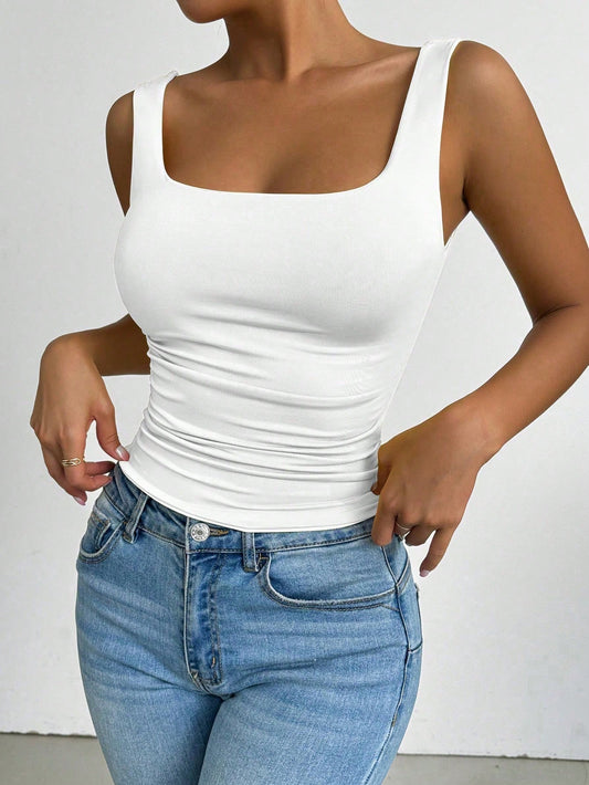 Elenzga Plus-Size Women's Square Neck Sleeveless Tank Top, Spring/Summer, Vacation, Basic White Tank Top For Going Out.