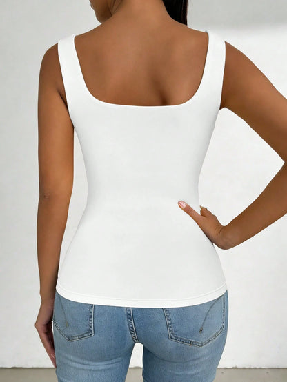 Elenzga Plus-Size Women's Square Neck Sleeveless Tank Top, Spring/Summer, Vacation, Basic White Tank Top For Going Out.