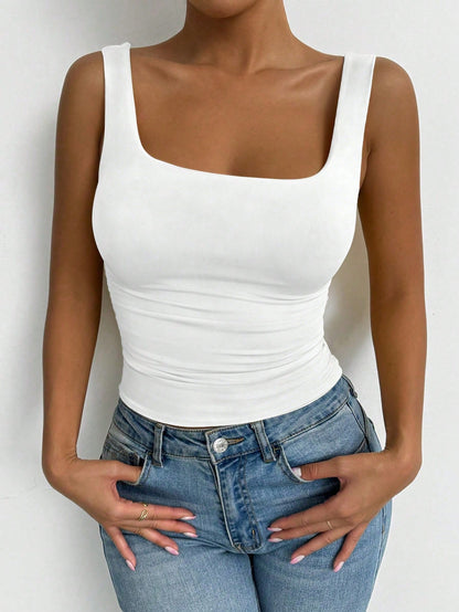 Elenzga Plus-Size Women's Square Neck Sleeveless Tank Top, Spring/Summer, Vacation, Basic White Tank Top For Going Out.