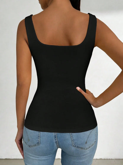 Elenzga Plus-Size Women's Square Neck Sleeveless Tank Top, Spring/Summer, Vacation, Basic White Tank Top For Going Out.