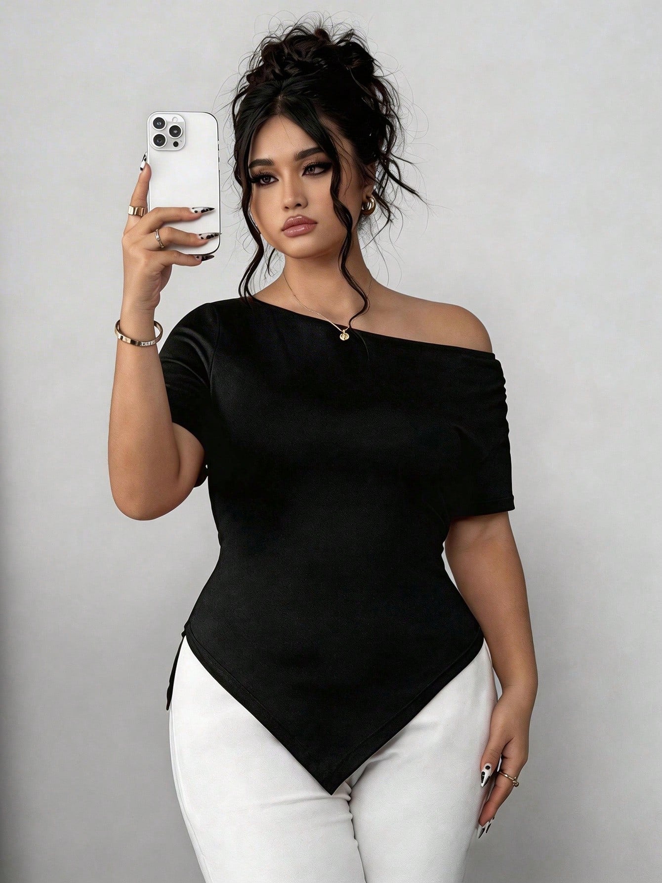 Elenzga Plus Size Women's Summer Asymmetric Shoulder Ruffle Asymmetrical Hem Short Sleeve Elegant Fashionable Commuter Tee