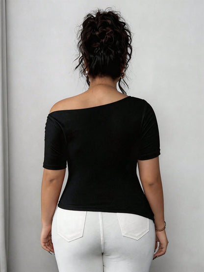 Elenzga Plus Size Women's Summer Asymmetric Shoulder Ruffle Asymmetrical Hem Short Sleeve Elegant Fashionable Commuter Tee