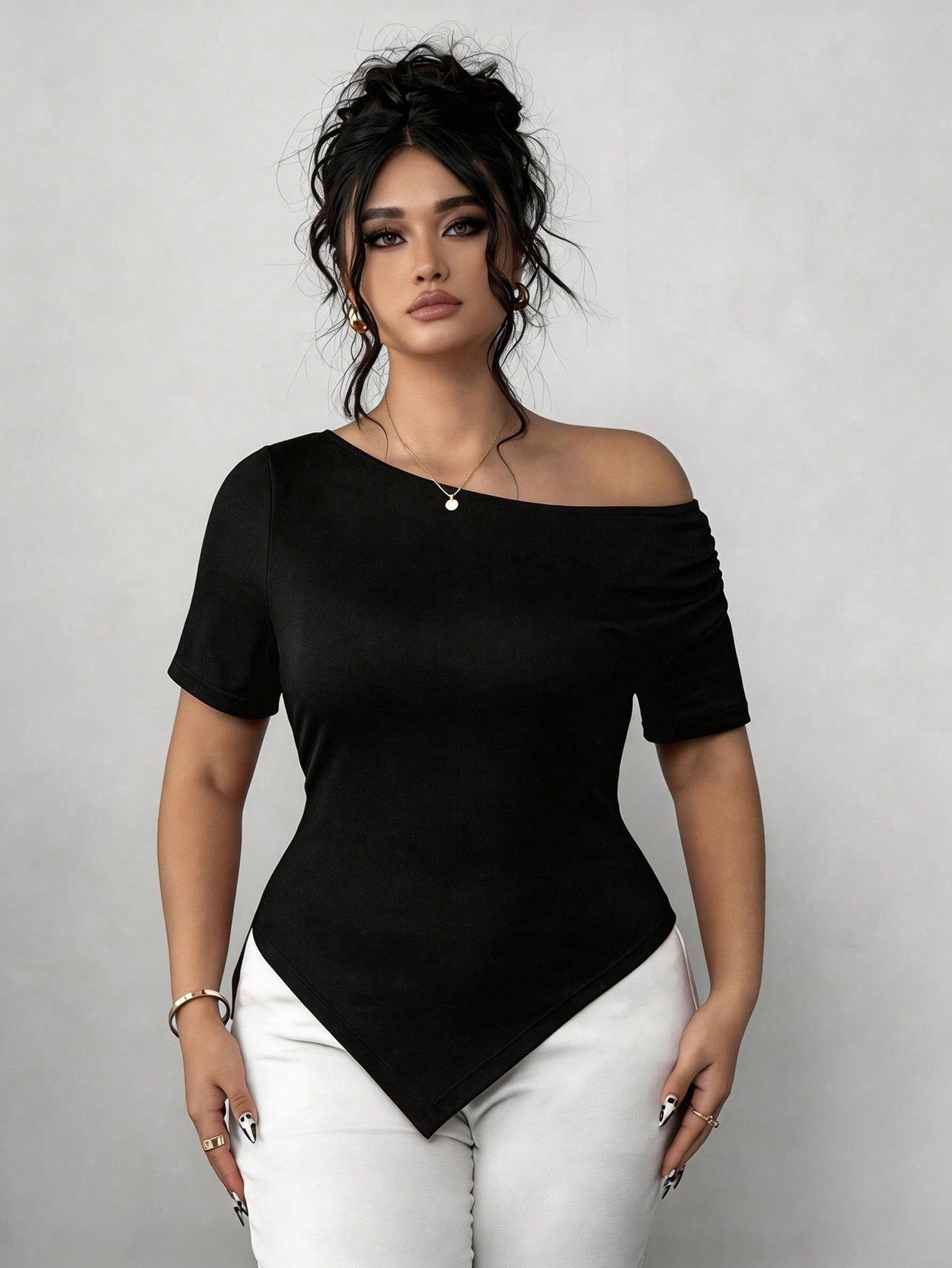 Elenzga Plus Size Women's Summer Asymmetric Shoulder Ruffle Asymmetrical Hem Short Sleeve Elegant Fashionable Commuter Tee