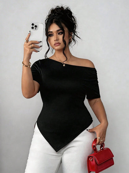 Elenzga Plus Size Women's Summer Asymmetric Shoulder Ruffle Asymmetrical Hem Short Sleeve Elegant Fashionable Commuter Tee