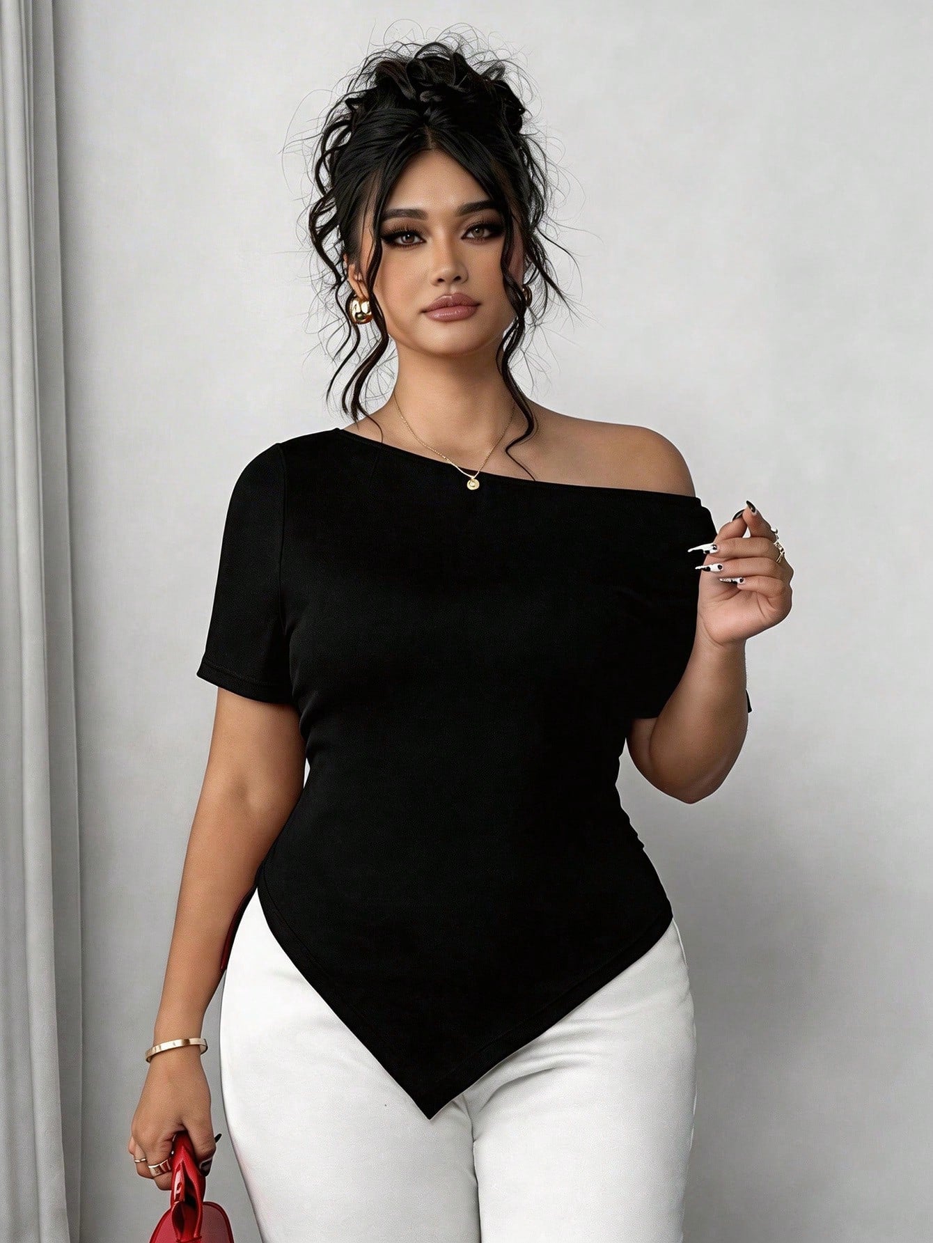 Elenzga Plus Size Women's Summer Asymmetric Shoulder Ruffle Asymmetrical Hem Short Sleeve Elegant Fashionable Commuter Tee