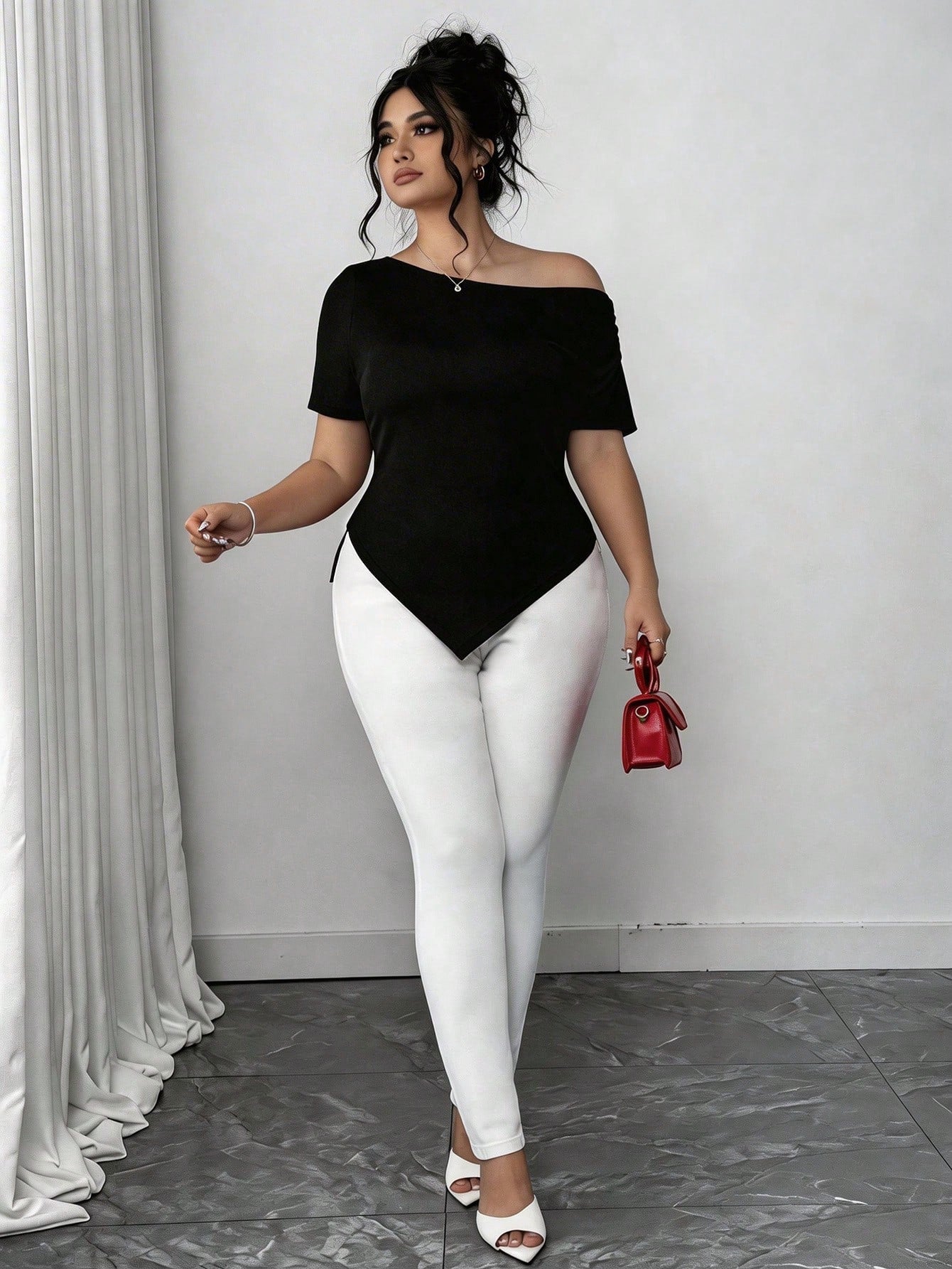 Elenzga Plus Size Women's Summer Asymmetric Shoulder Ruffle Asymmetrical Hem Short Sleeve Elegant Fashionable Commuter Tee