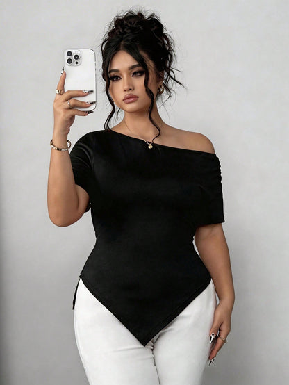 Elenzga Plus Size Women's Summer Asymmetric Shoulder Ruffle Asymmetrical Hem Short Sleeve Elegant Fashionable Commuter Tee