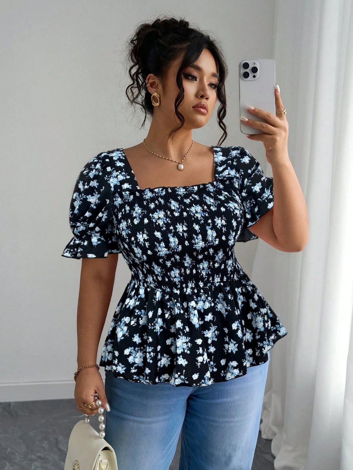 Elenzga Vacation-Inspired Slim-Fit Shirt Design Ditsy Floral Top Floral Top Square Neck Top Puff Sleeve Top Babydoll Top