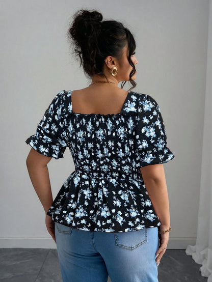 Elenzga Vacation-Inspired Slim-Fit Shirt Design Ditsy Floral Top Floral Top Square Neck Top Puff Sleeve Top Babydoll Top